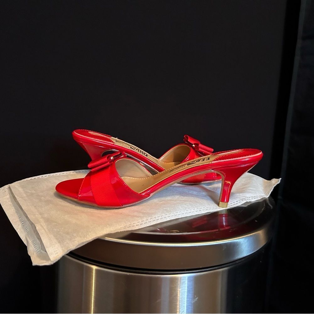 Ferregamo patent leather kitten mules